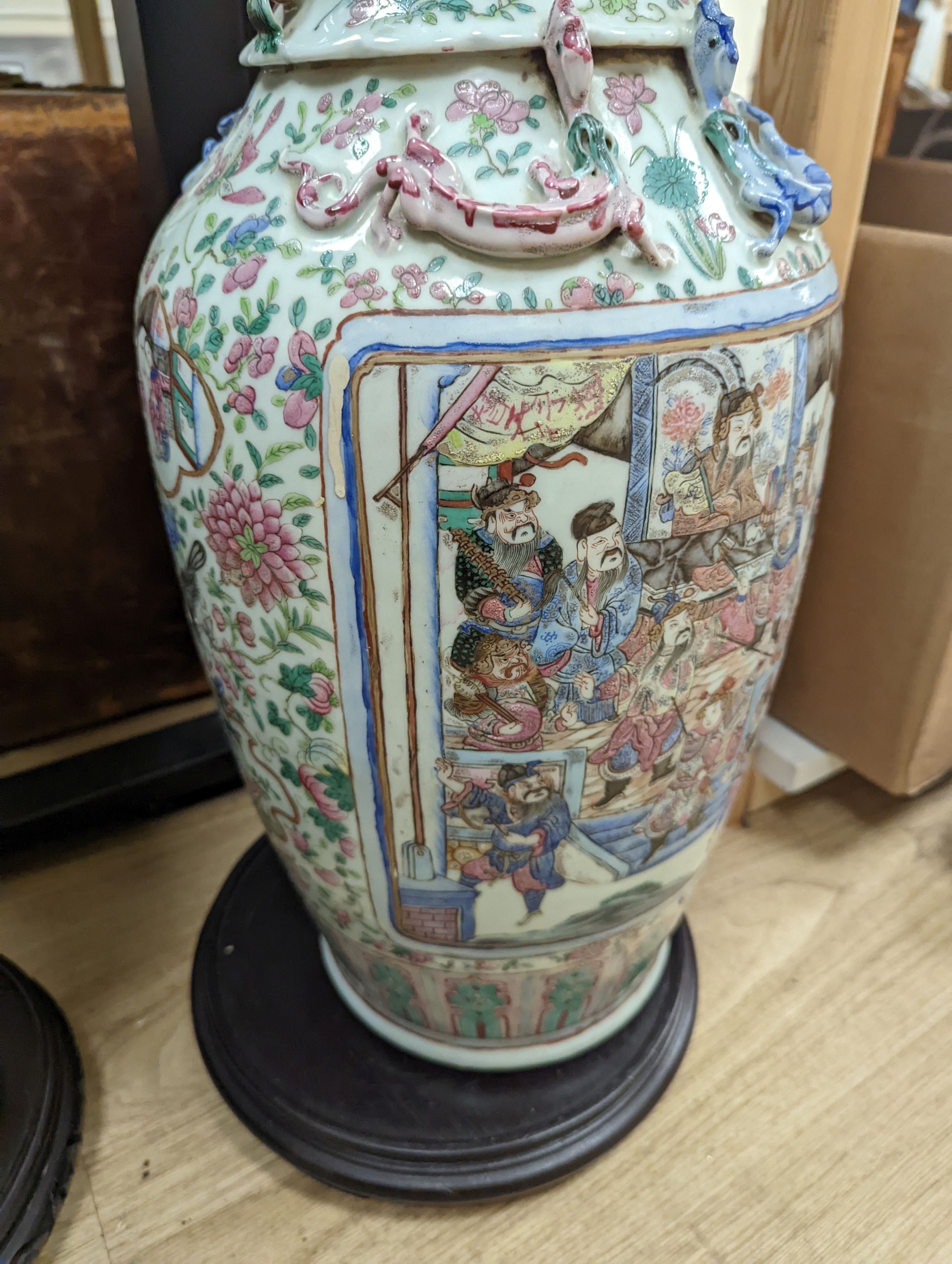 A large Chinese crackle glaze vase, late 19th/early 20th century and a large Chinese famille rose vase, late 19th century, tallest 60 cm.